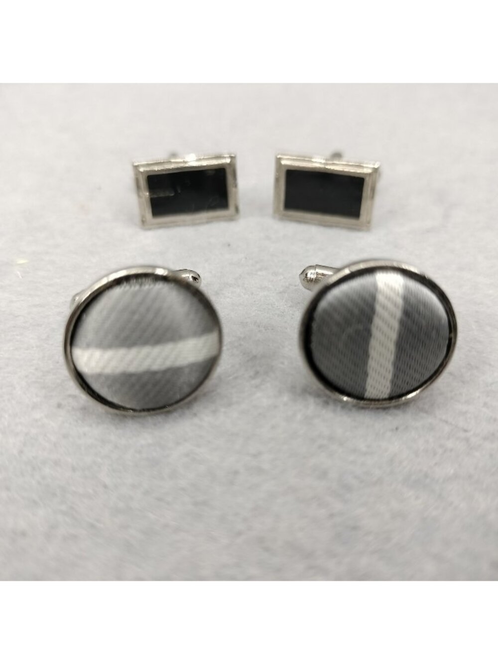 Mens Cufflinks Stainless Steel Lot 2 Pairs Round Fabric Onyx Black Rectangle Set